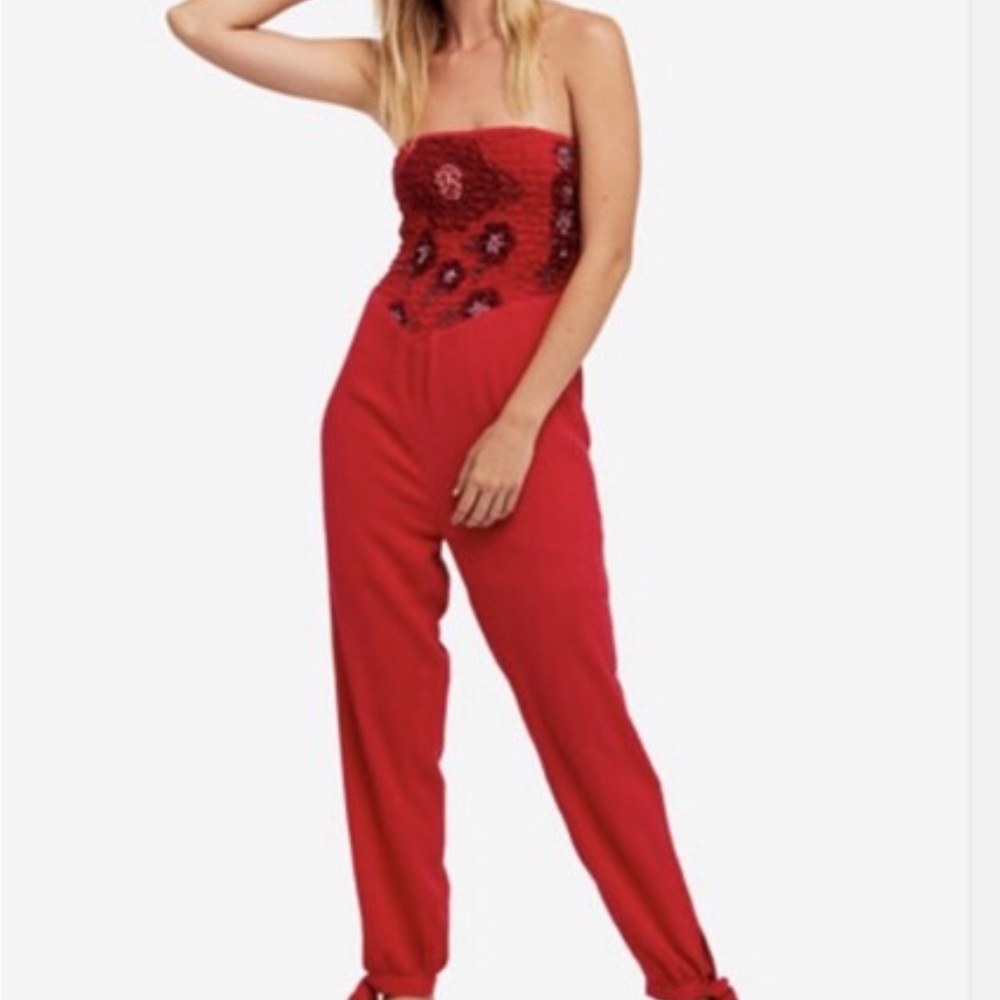 Free People Red Strapless Jumpsuit
